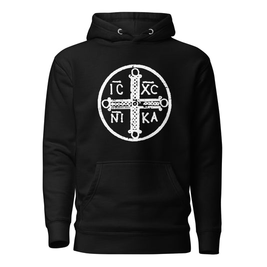 Black hoodie front view with ancient christogram printed on chest
