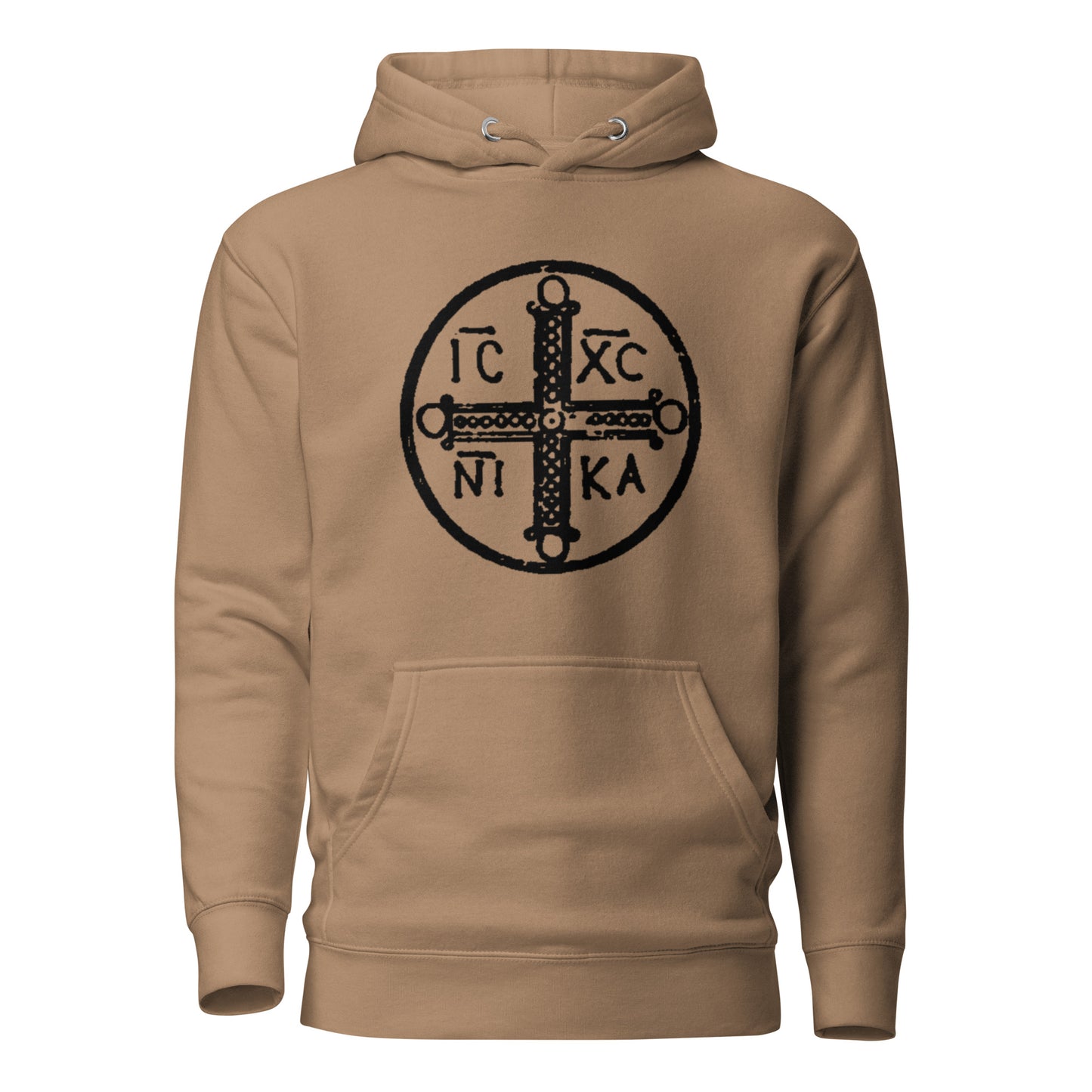 Brown hoodie front view with ancient christogram printed on chest