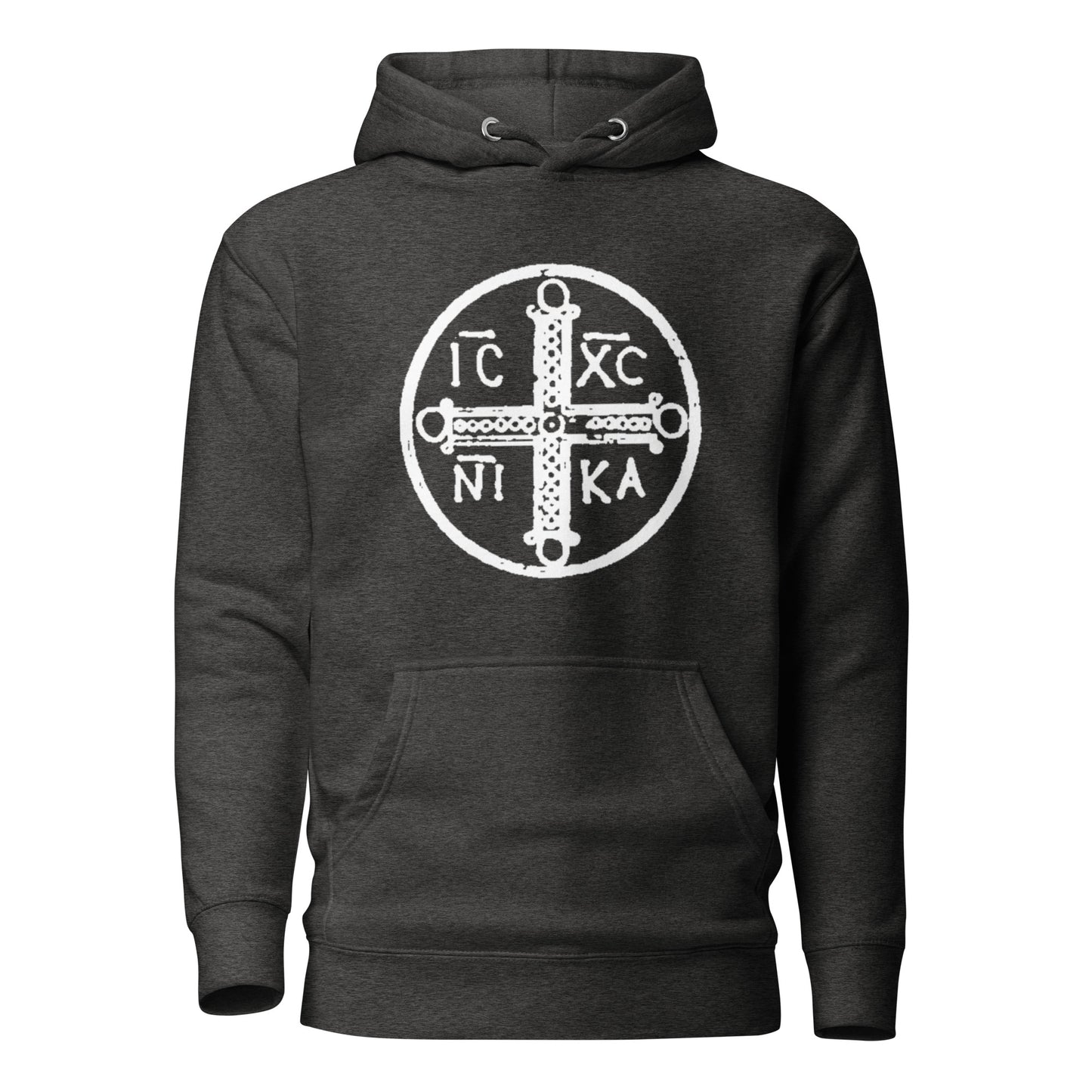 Dark grey hoodie front view with ancient christogram printed on chest
