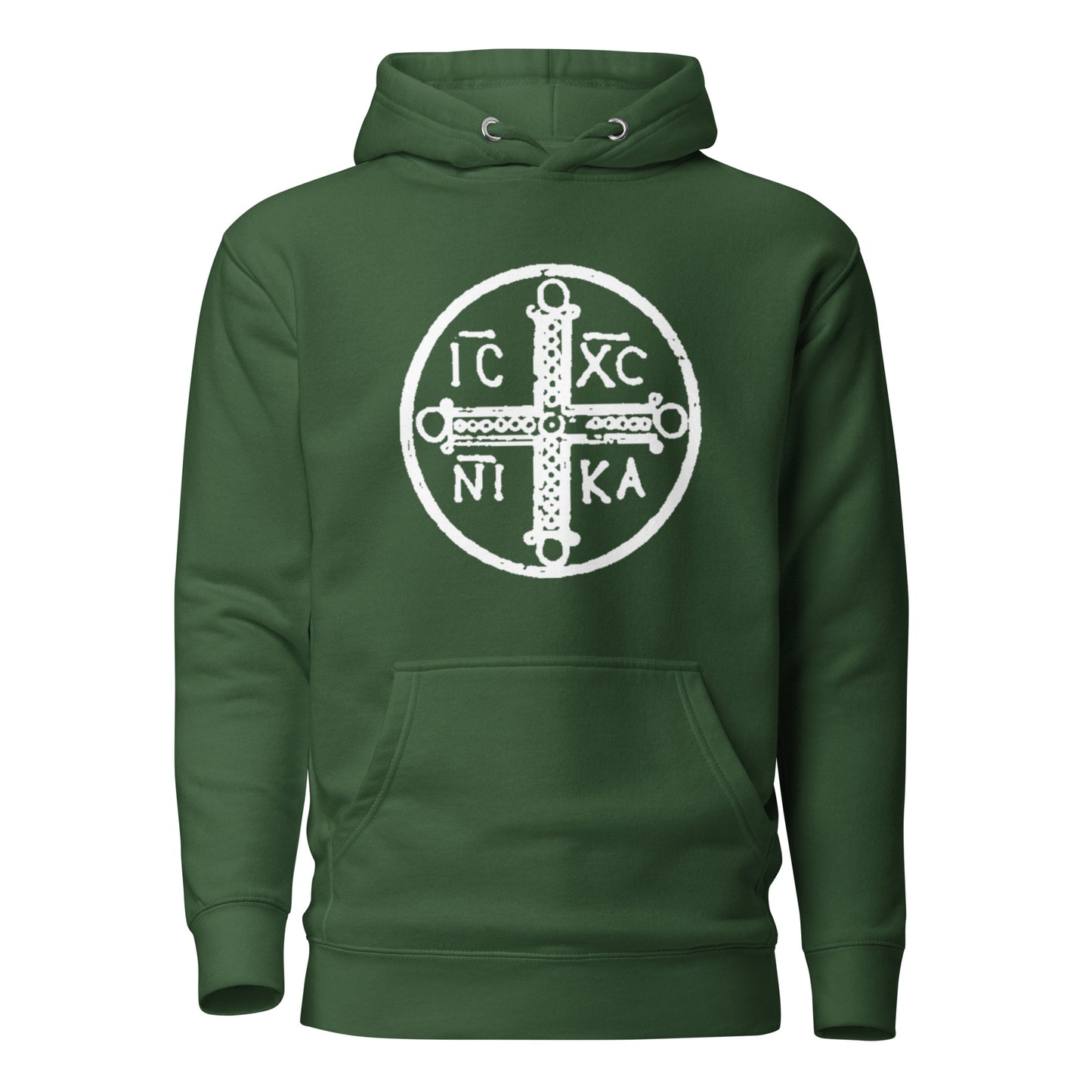Green hoodie front view with ancient christogram printed on chest
