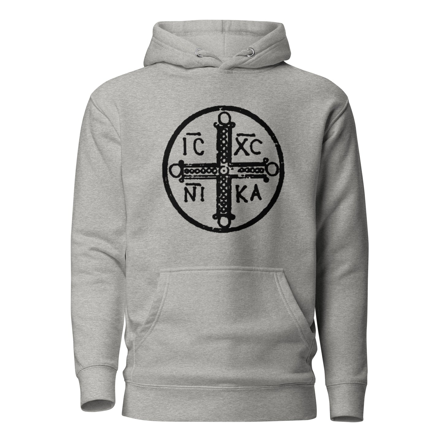 Grey hoodie front view with ancient christogram printed on chest
