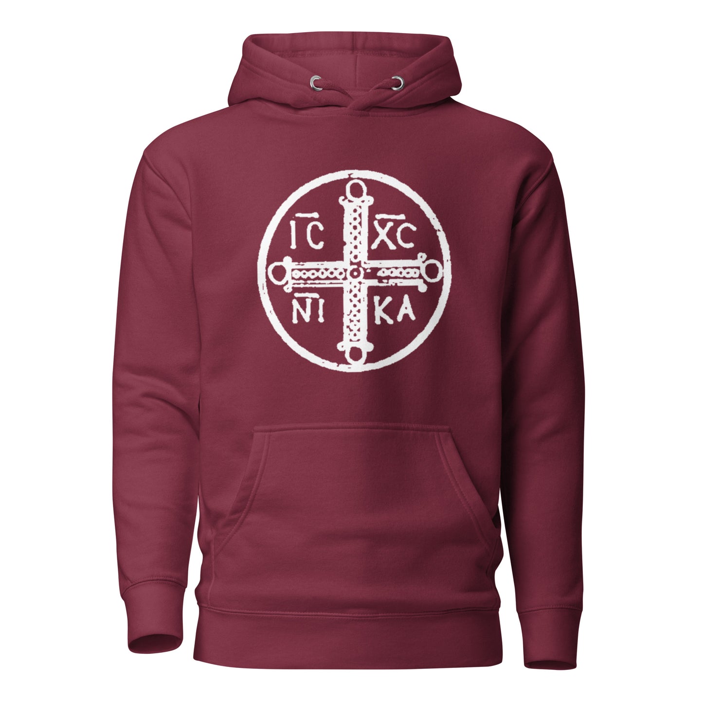 Maroon hoodie front view with ancient christogram printed on chest