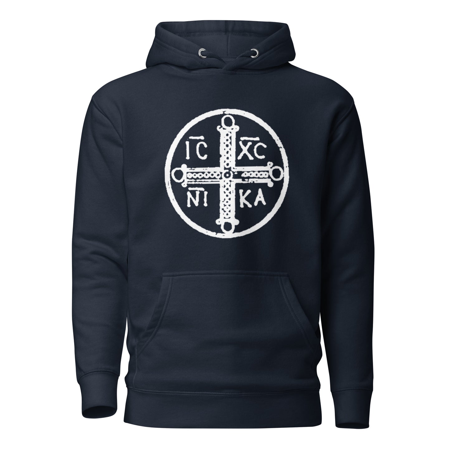 Navy hoodie front view with ancient christogram printed on chest