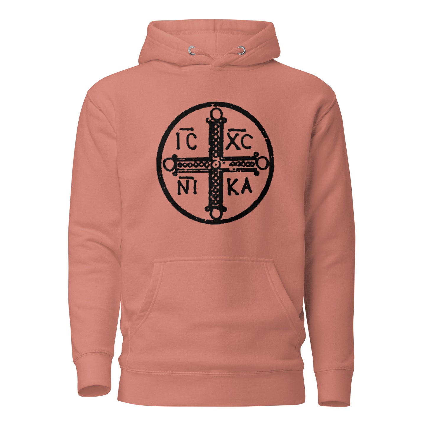 Rose hoodie front view with ancient christogram printed on chest
